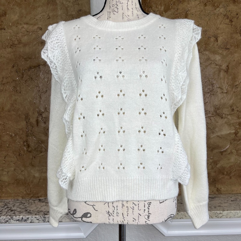 Storia Wool Mohair Sweater Womens Small Eyelet Knit Ruffle Crew Neck White Cream